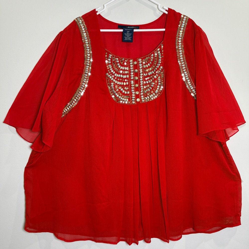Denim 24/7 Blouse Womens 30W Red Sequin Beaded Bib Flutter Sleeve Pleated Top